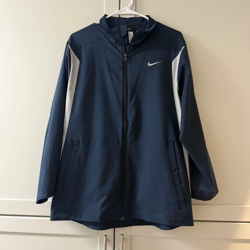 Nike Mens Full Zip Track Jacket Navy Blue White Swoosh Size M Windbreaker Warmup